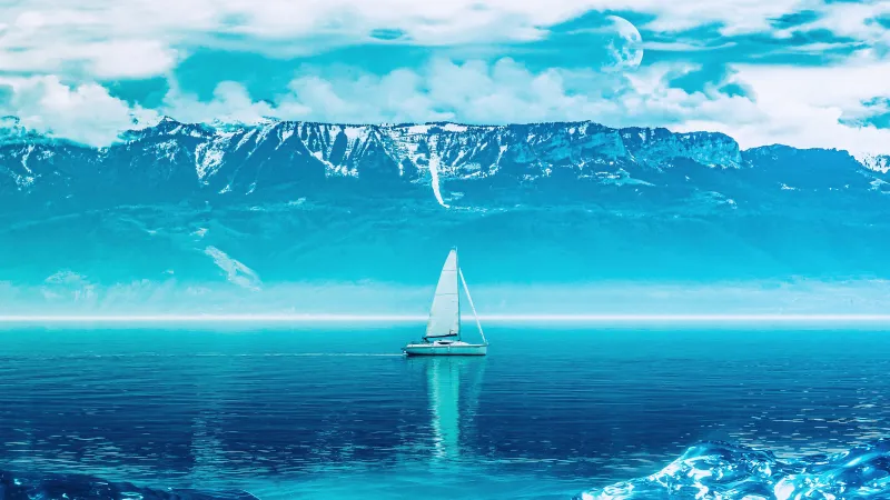 Sailboat on turquoise sea, Snowy mountains, Blue aesthetic, 5K wallpaper
