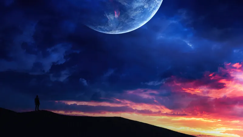 Dreamy Dune, 5K wallpaper, Silhouette, Sunset, Man, Planet, Cloudy Sky