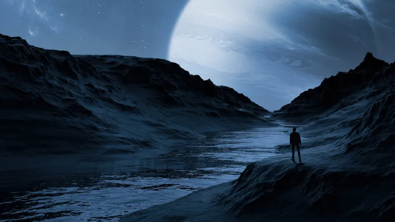 Man Dreamscape, 5K background, Planet, River, Silhouette, Dreamlike, Digital composition