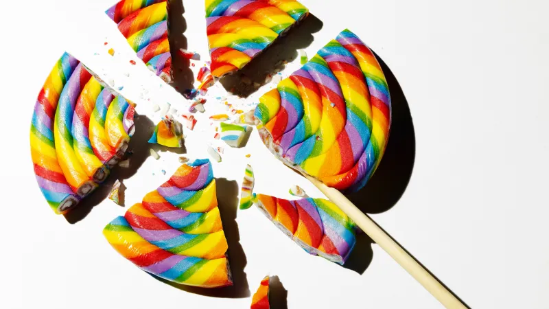 Broken Lollipop, Colorful swirl lollipop, Desktop background 5K