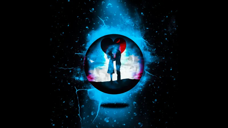 Love couple, Romantic kiss, Sphere, Surreal, Silhouette, Black background, 5K, Love heart