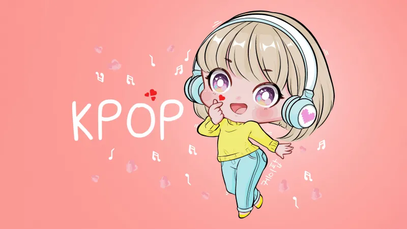 K-pop Chibi Finger heart, Cute Girl wallpaper, Listening music, Dancing, Pastel orange, Pastel background, 5K, Red hearts, Girly backgrounds