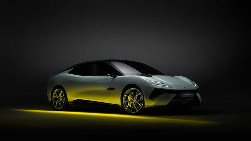 Lotus Emeya wallpaper, Grey electric hyper-GT, Yellow light, Dark background, 8K