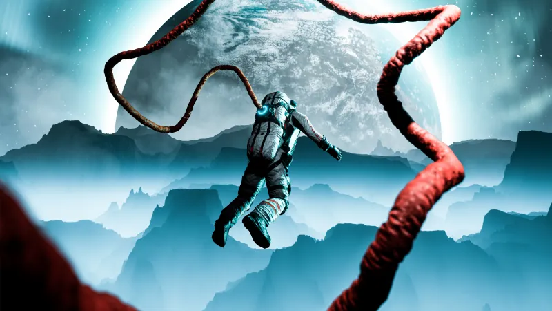 Astronaut falling into alien world wallpaper, Giant planet, Teal mist