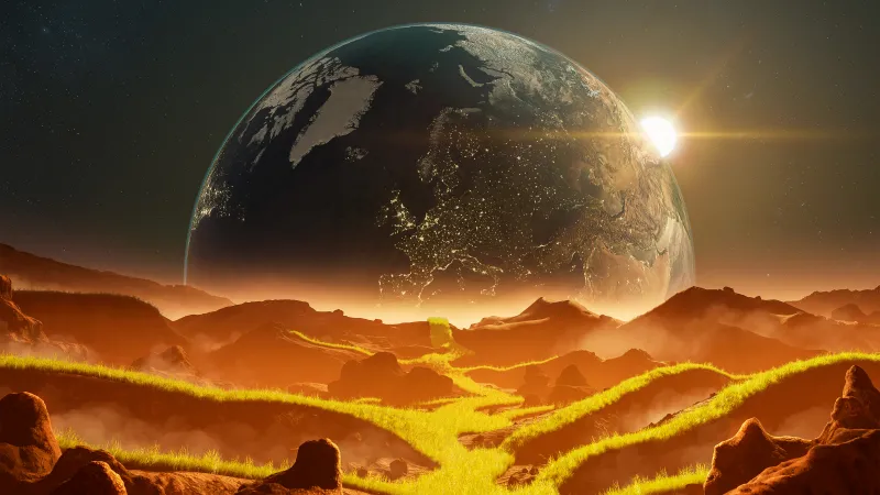 Earth rising over golden hills, Surreal, 4K wallpaper