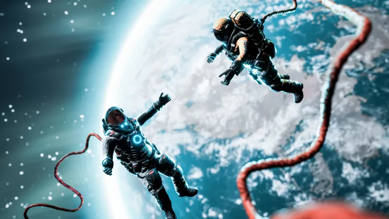 Floating astronauts above Earth wallpaper, Space walk, Teal glow