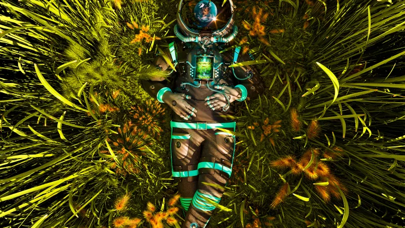 Cyborg astronaut in grass, Neon green suit, 4K wallpaper