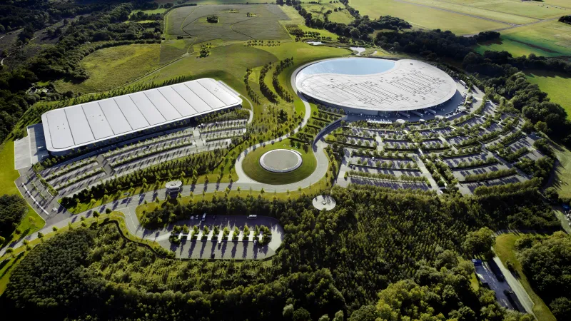 McLaren Technology Centre from above, Woking, England, 5K wallpaper