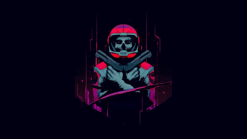 Skull astronaut with guns, Neon pink, Dark background, 5K wallpaper
