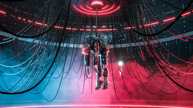 Neon astronaut wallpaper, Sci-fi chamber, Red and blue lights