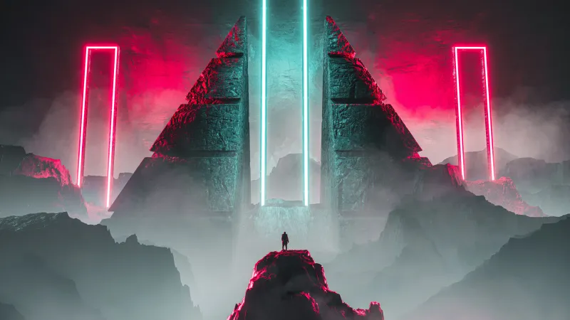 Neon portal on a pyramid, Misty mountains, Sci-fi, 5K wallpaper