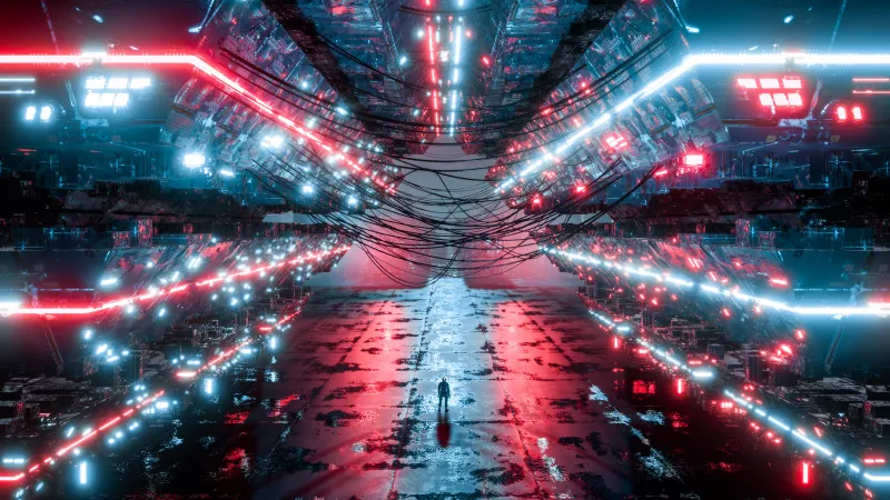Sci-fi corridor wallpaper, Red neon lights, Lone figure