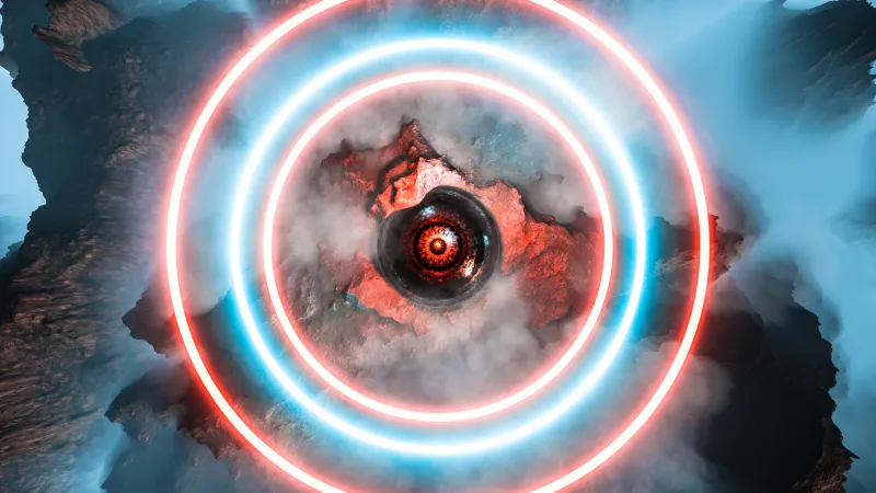 Neon rings over a crater eye wallpaper, Aerial view, Sci-fi