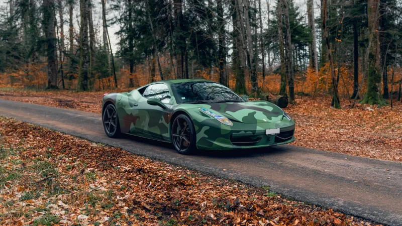 Ferrari 458 Italia Tailor Made, Camouflage wrap, Autumn forest road, 4K wallpaper