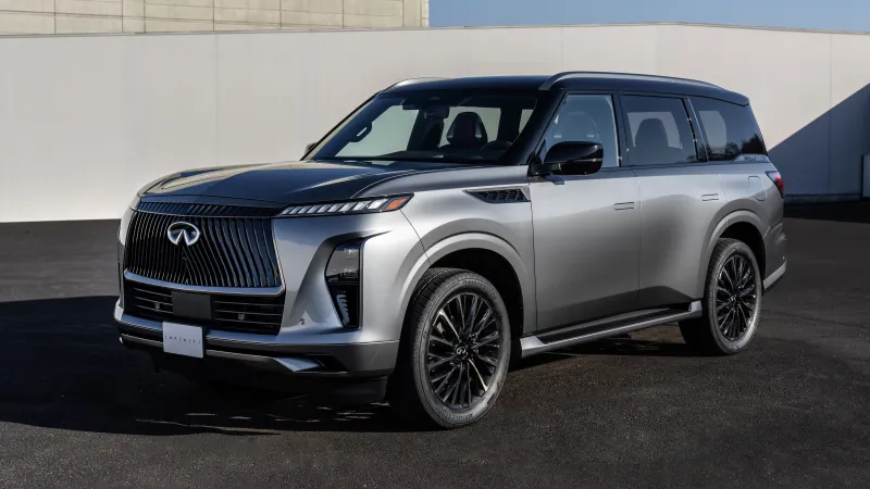 Infiniti QX80 wallpaper, Silver luxury SUV, 2025, 5K