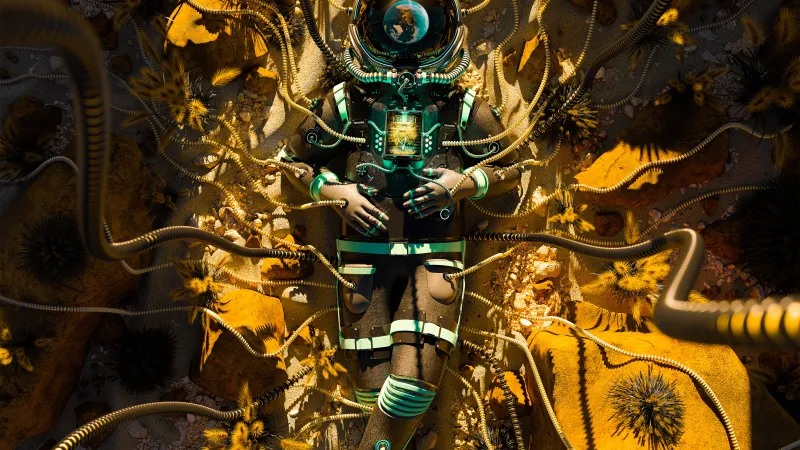 Astronaut in yellow flowers wallpaper, Cyborg suit, Digital art
