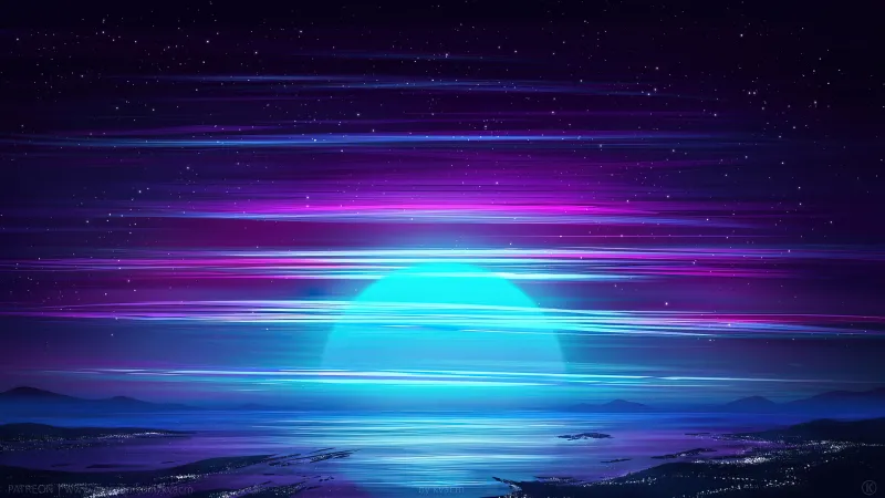 Midnight, Vaporwave 4K wallpaper, Surrealism, Digital Art, Sunset, Horizon, Reflection