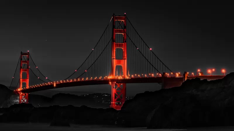 Golden Gate Bridge, Night, Monochrome, Dark background, Illuminated, San Francisco