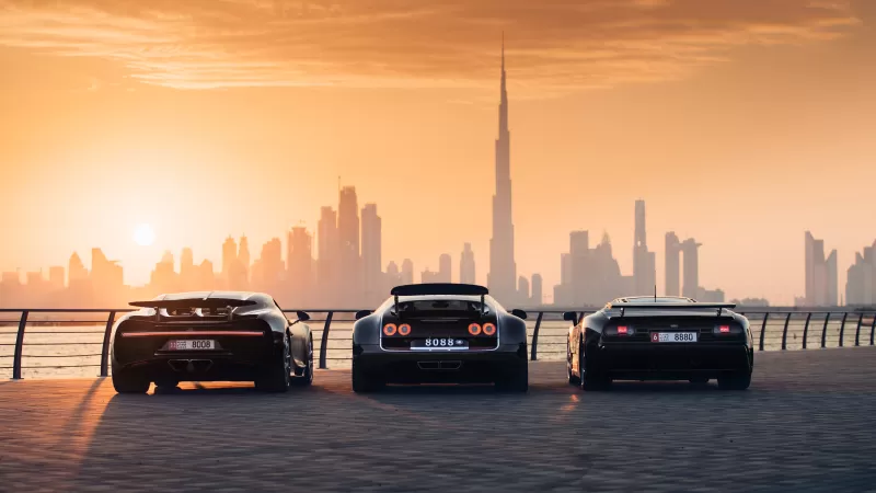 Bugatti EB110 Super Sport, Bugatti Veyron, Bugatti Chiron, Dubai, Cityscape, 5K