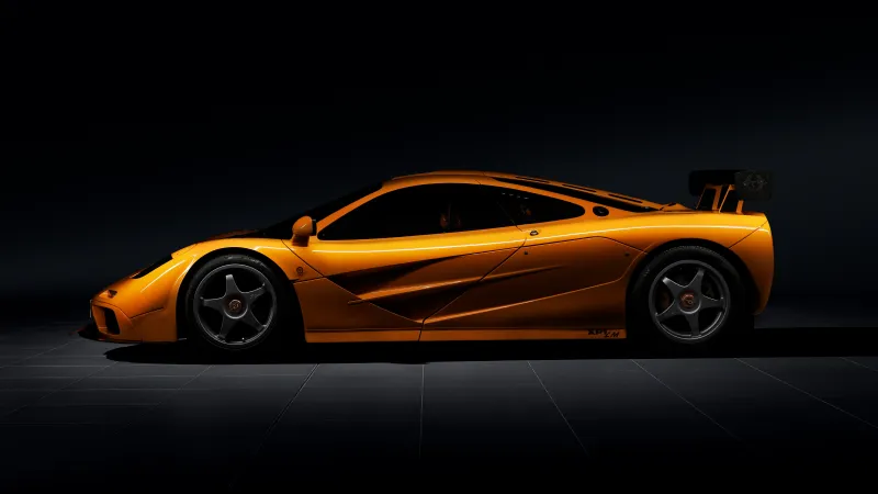 McLaren F1 wallpaper, Orange supercar, Side view, Dark background, 5K