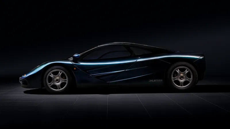 McLaren F1, Dark blue, Side profile, Classic supercar, 8K wallpaper