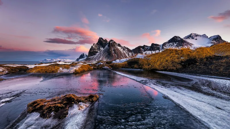 Vestrahorn mountain, Aesthetic Outdoor, Iceland, Sunset Coastline, 5K wallpaper