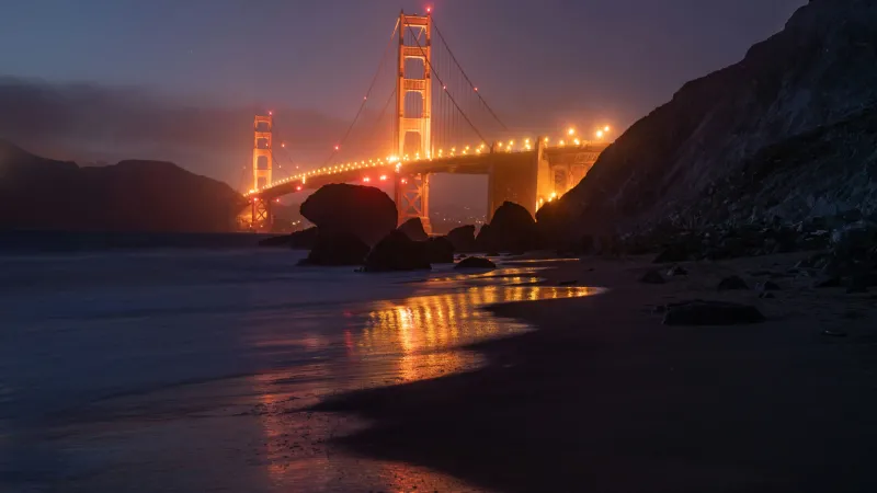 Golden Gate Bridge, Illuminated, Night, Reflection, Baker Beach, San Francisco, California, 5K, 8K wallpaper