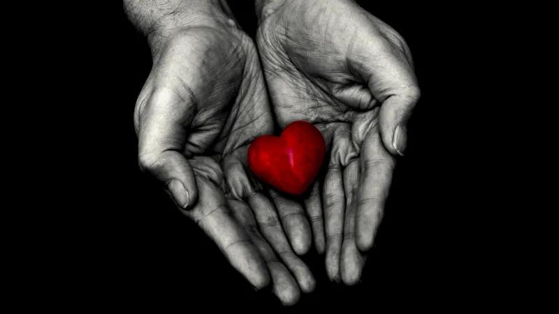 Red heart, Holding hands, 5K, 8K wallpaper, Love heart, Black background, AMOLED