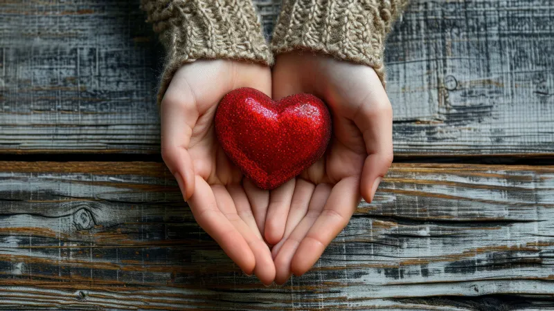 Love heart, Holding hands, Wooden background, Valentine wallpaper 4K