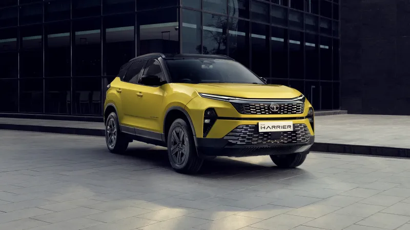 Tata Harrier EV wallpaper, Yellow SUV, Glass building, 5K