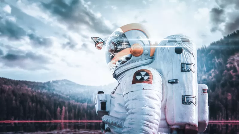 Radioactive suit, Astronaut with butterfly, Surreal, 4K wallpaper