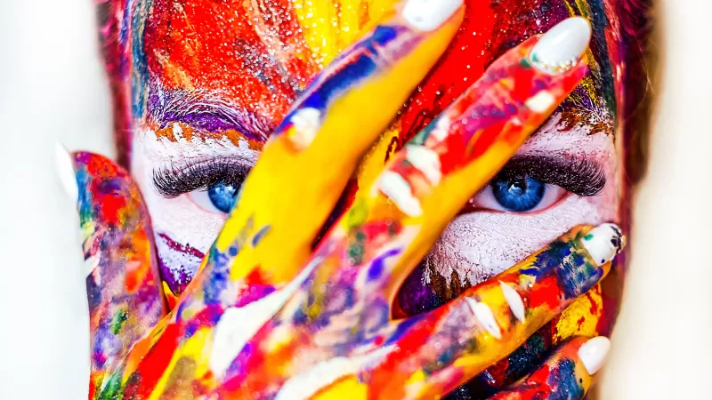 Coloured Face, Girl, Multicolor, Colorful, Blue eyes, Paint, Creative, 5K