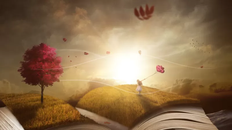 Book, Purple Tree, Autumn, Girl, Dream World, Sunlight, 5K