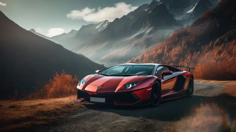 Lamborghini Aventador, Orange aesthetic, Autumn background, Roadway, Autumn Scenery, AI art, 5K wallpaper