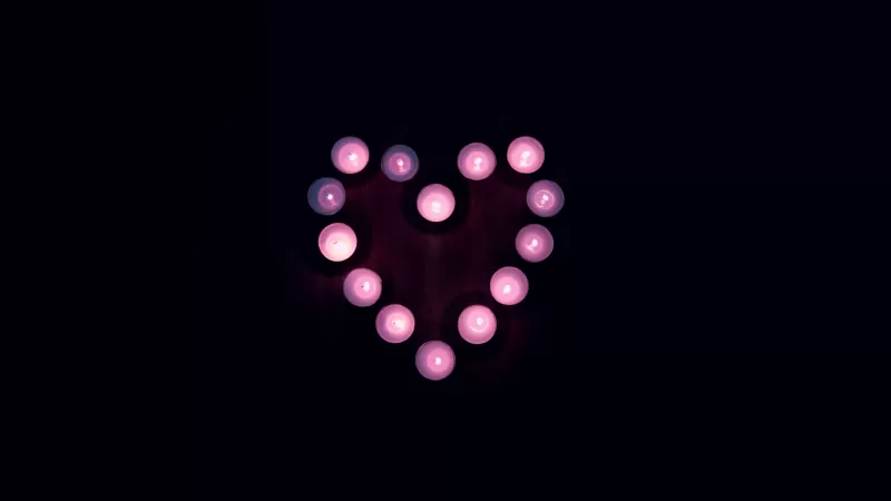 Love heart, Candle lights, Black background, Pink, Heart, Tea light, 5K