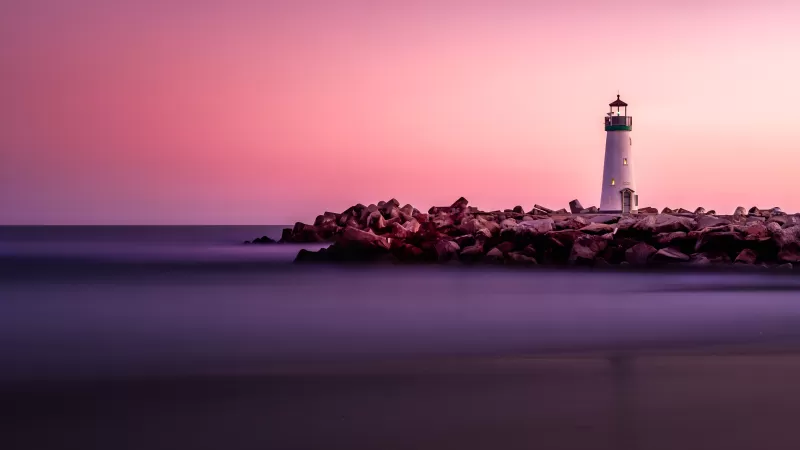 Lighthouse, Pink Hour, White, Beacon, Purple sky, Rocks, Seashore, Sunset, 5K