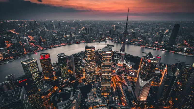 Shanghai skyline from above, Huangpu River, Night city, 4K wallpaper