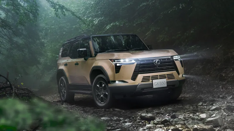 Lexus GX 550 Overtrail, Tan SUV, Misty forest trail, 2024, 5K wallpaper