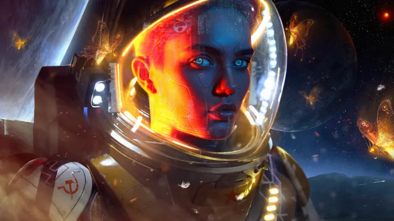 Cyborg woman astronaut, Glowing helmet, Space, 5K wallpaper