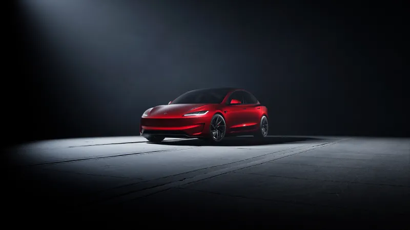 Tesla Model 3 Performance, Red electric sedan, Dark studio, 2024 wallpaper