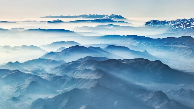 Misty mountain ranges from above, Alps, 5K wallpaper
