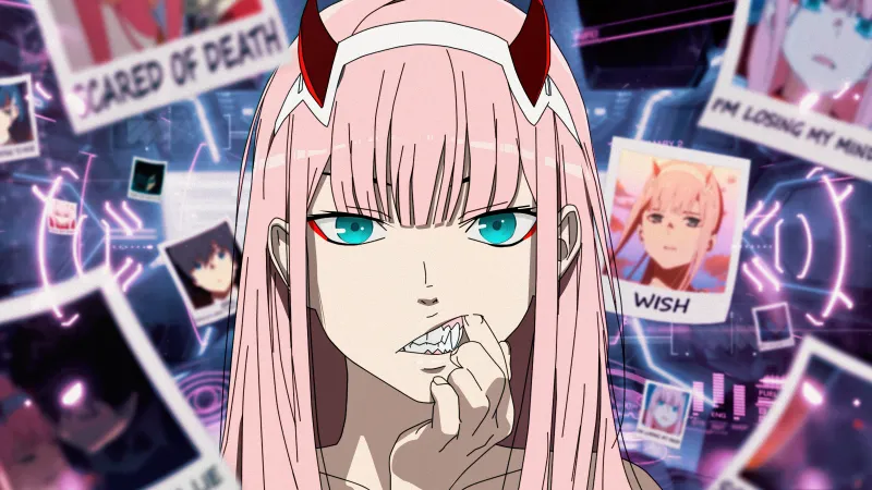 Zero Two, DARLING in the FRANXX, Anime girl, Pink hair, Neon collage wallpaper, 5K wallpaper