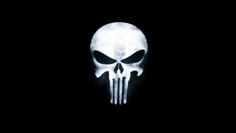 The Punisher, Skull, The Punisher logo, Black background, AMOLED, 8K wallpaper