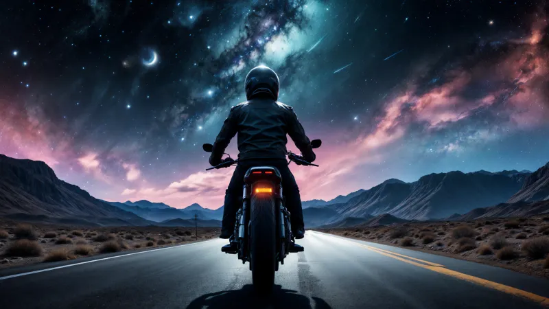 Biker under Milky Way, Desert highway, Dreamlike sky, AI art, 4K wallpaper