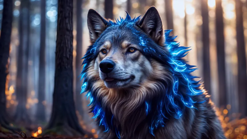 Wolf with blue flames wallpaper, Forest, AI art
