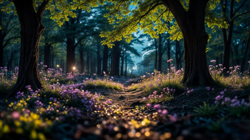 Magical forest path wallpaper, Purple wildflowers, Night glow