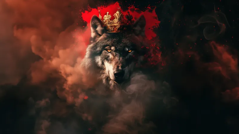 Wolf king with crown, Red smoke, AI art, 4K wallpaper