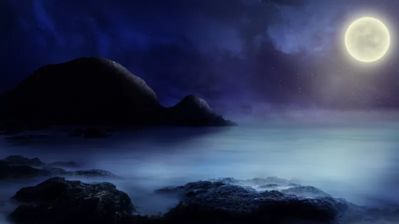 Full moon wallpaper, Misty sea, Night seascape