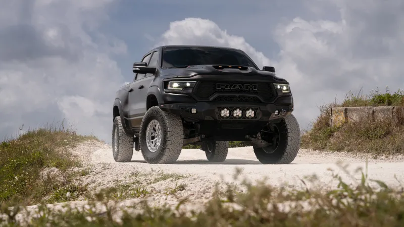 Ram 1500 TRX, Black off-road pickup, Gravel trail, Cloudy sky wallpaper