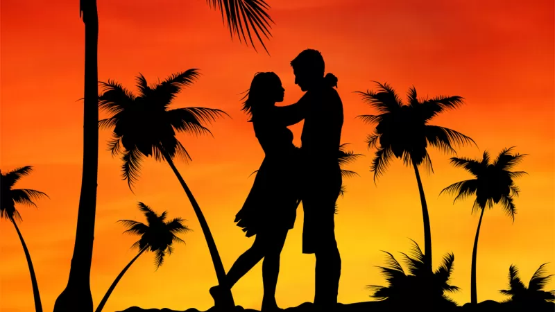 Couple, Palm trees, Orange sky, Sunset, Silhouette, Romance, Aesthetic, 5K